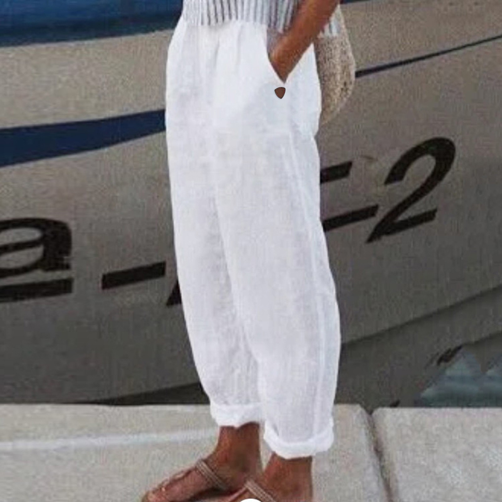 thumbnail image 2 of Pantalones anchos de lino lisos para mujer: cintura elástica, pantalones holgados informales con bolsillos, tejido de poliéster, aptos para el verano, 2 of 8